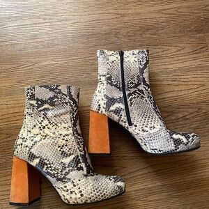 Snakeskin Heeled Bootie with Orange Heel